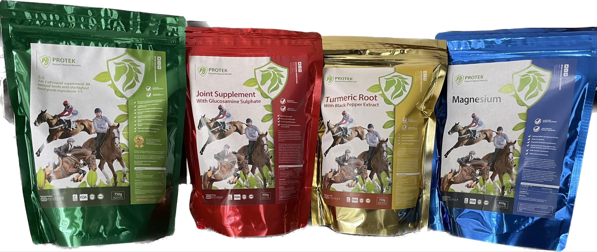 Protek equine supplements in red, green, gold, and blue foil packaging