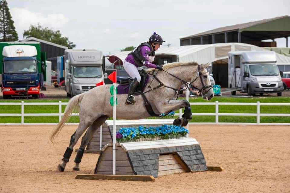 Rider on grey horse jumping cross-country obstacle at showground